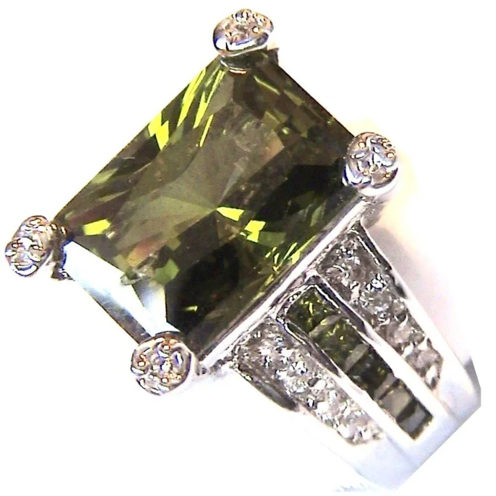 Cubic Zirconia Evergreen Olivine Olive Green CZ Prom Fancy Cocktail Ring Size 7